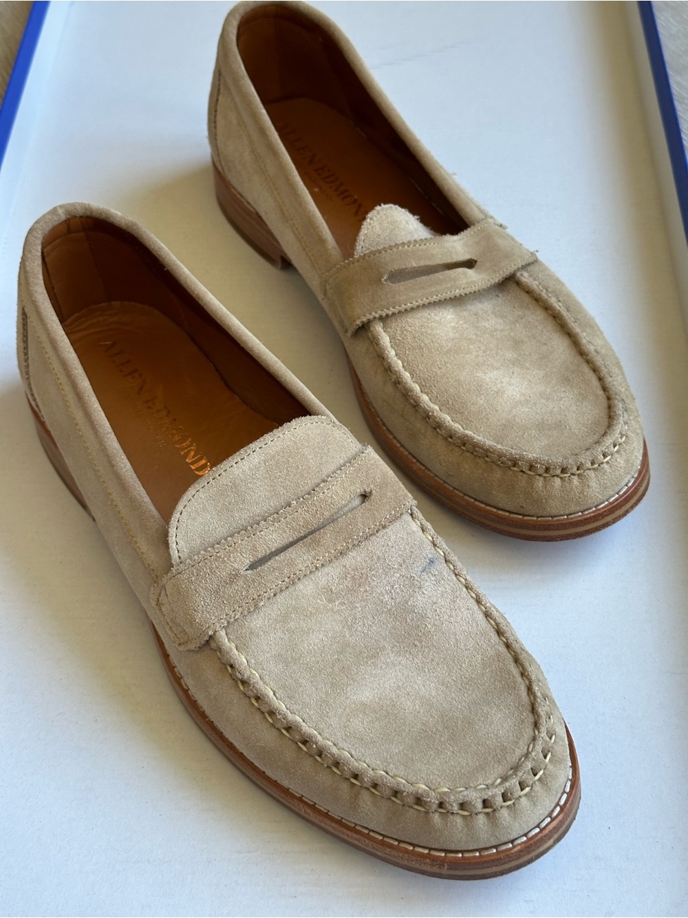 Allen Edmonds Men's Tan Suede Penny Loafers - Picture 9 of 16
